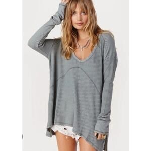Md Free People Sunset Park Drippy Thermal Top Blue Slouchy Boho Waffle Knit Cozy